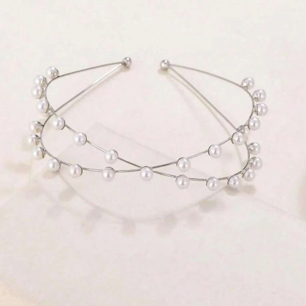 1pc Ladies Pearl Cross Simple Elegant Multi-Layer Alloy Headband Bride Wedding - Picture 2 of 3